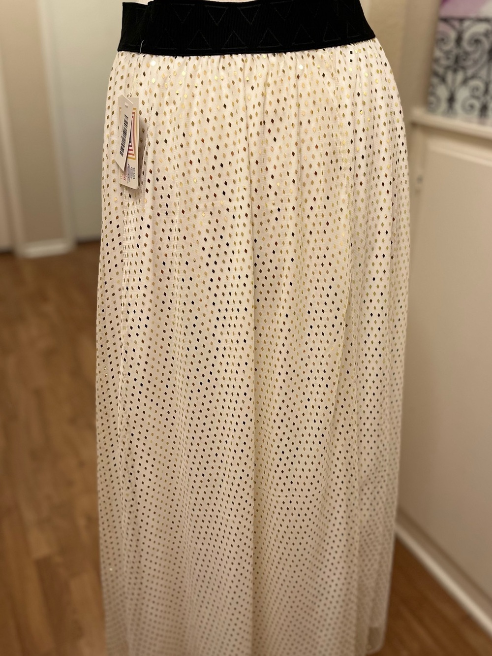 NWT LuLaRoe Ivory & Gold Foil Diamond Midi Skirt with Black Waistband - Size M